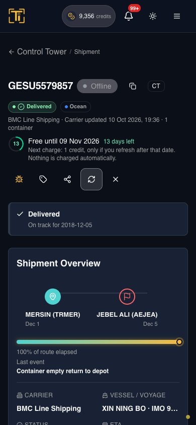 TrackIT shipment detail on a phone-sized screen